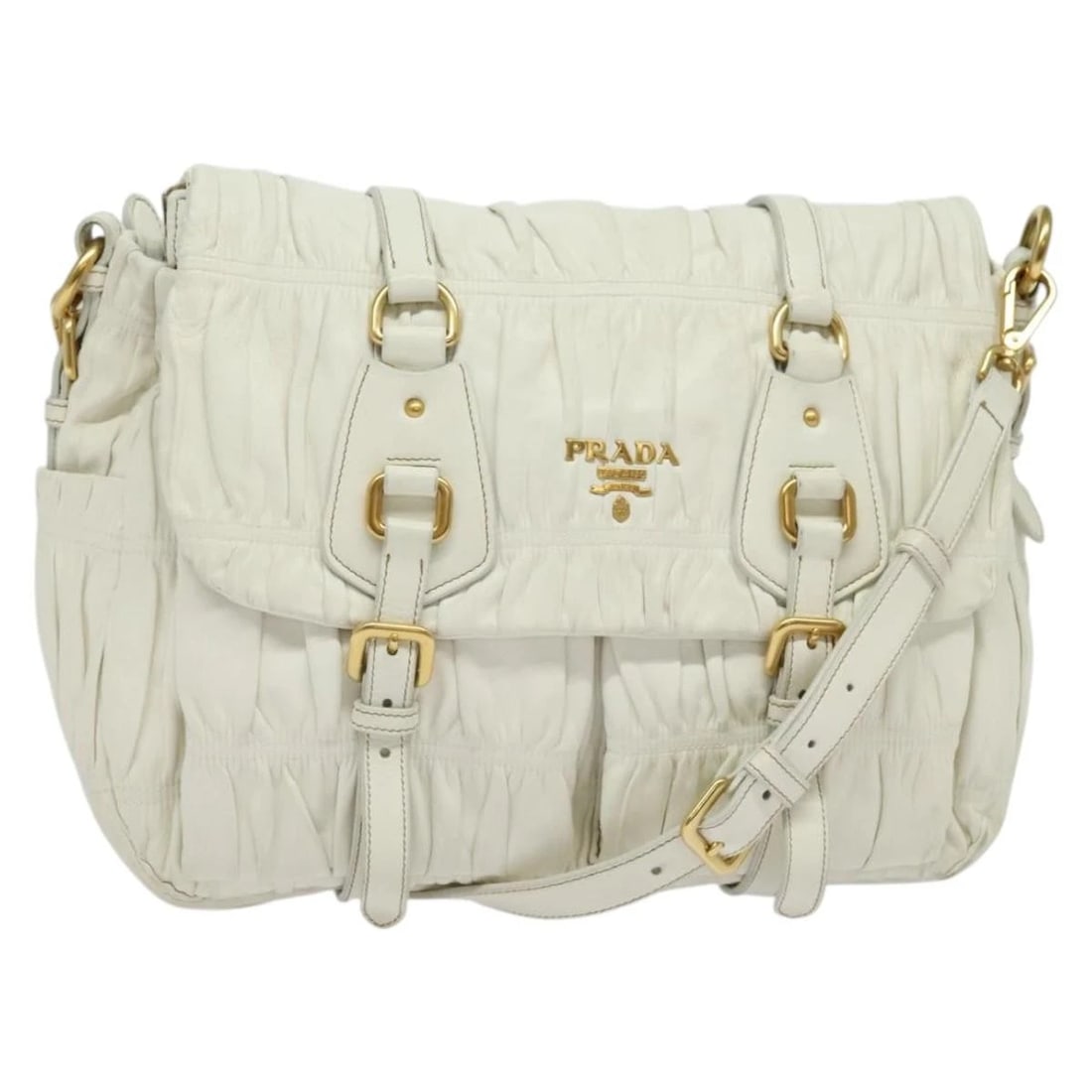 PRADA GATHERED SHOULDER BAG LEATHER WHITE GOLD: PRADA Gathered Shoulder Bag Leather White Gold Brand: PRADA Type: Shoulder Bag Material: Leather Color: White / Gold Size: W12.6 x H10.6 x D5.1inch(Approx) Shoulder Drop:19.7 - 21.7inch(Approx) A