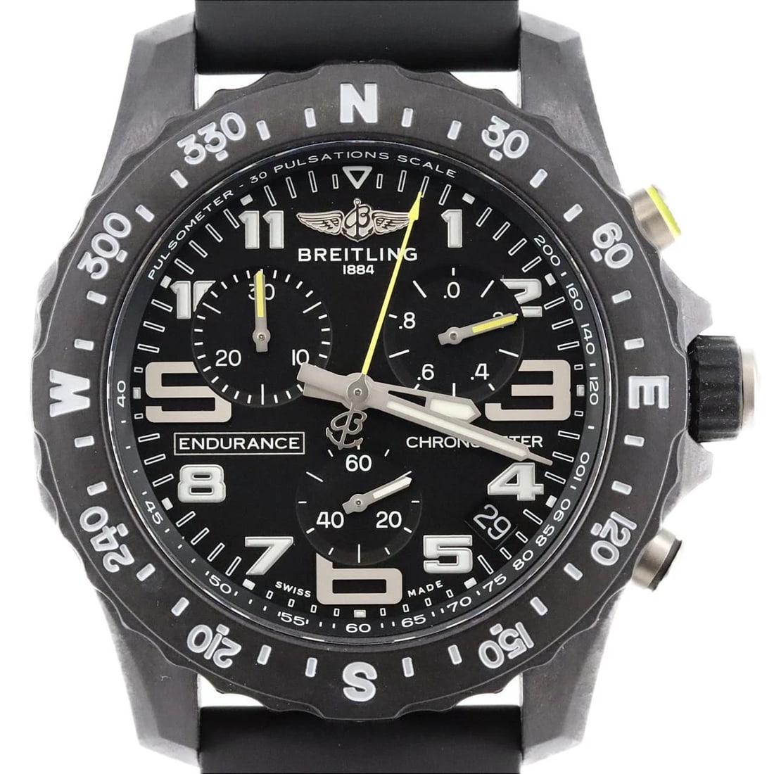 BREITLING ENDURANCE PRO QUARTZ WATCH: BREITLING Endurance Pro Quartz Brand: BREITLING Type: Wristwatch Material: Case: Bright light Bracelet: Rubber Color: Dial Colors: Black arabic Band color : Black Size: Case diameter: 44mm Access