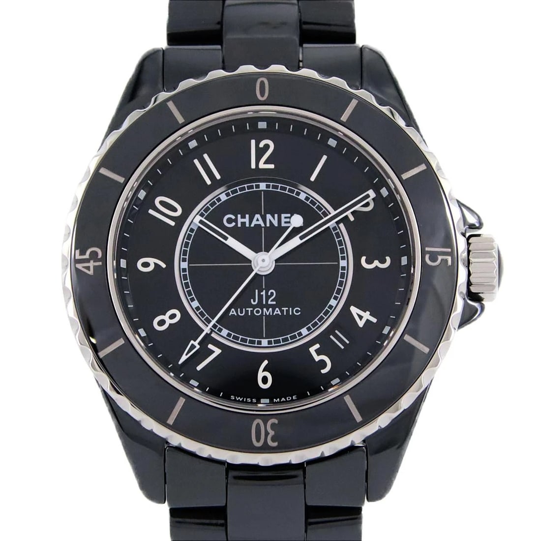 CHANEL J12 CALIBER CERAMIC AUTOMATIC WATCH: CHANEL J12 Caliber ceramic Automatic Brand: CHANEL Type: Wristwatch Material: Case: ceramic Bracelet: ceramic Color: Dial Colors: Black arabic Size: Case diameter: 38mm Max Wrist size: 17.5cm Acc
