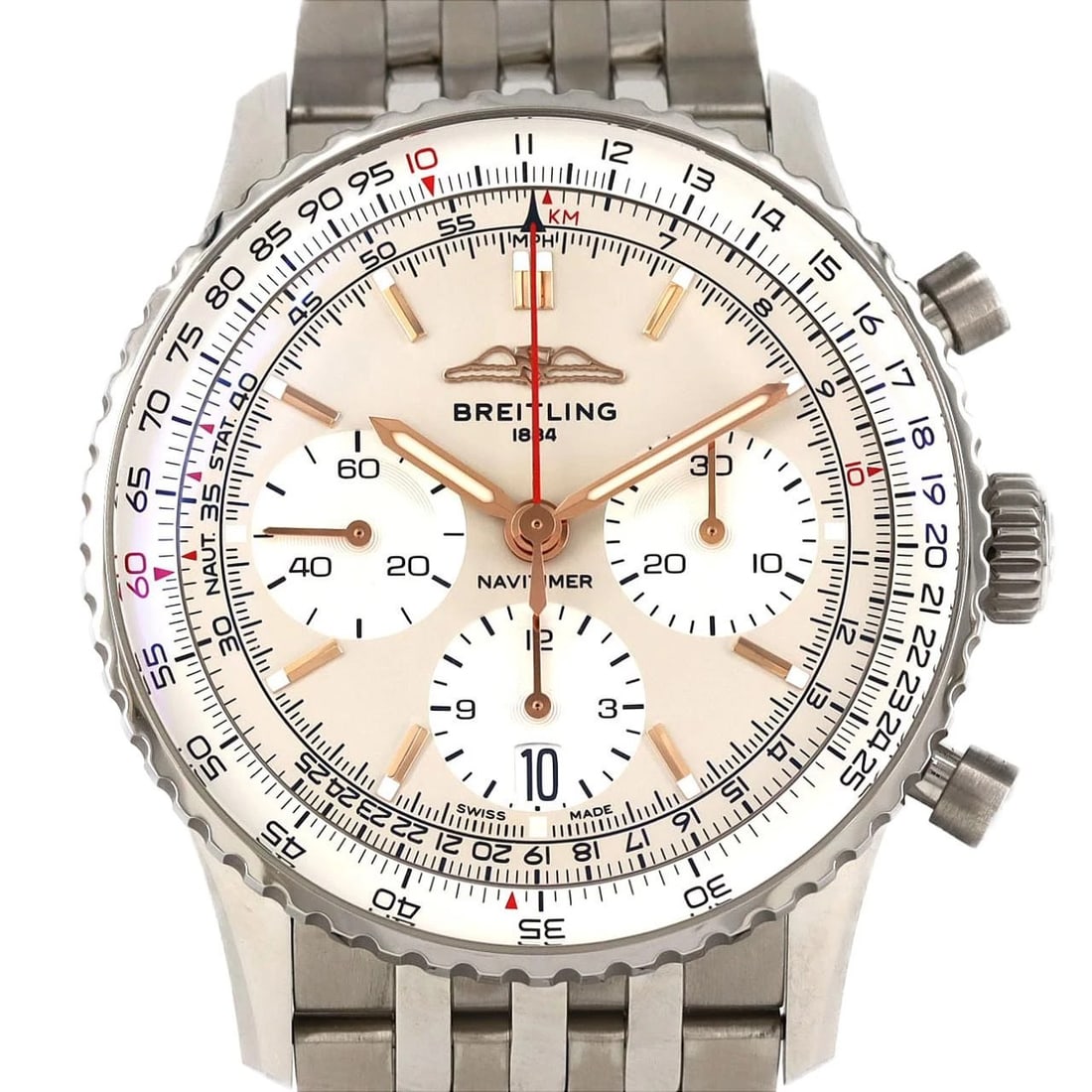 BREITLING NAVITIMER CHRONOGRAPH WATCH: BREITLING Navitimer Chronograph Brand: BREITLING Type: Wristwatch Material: Case: SST Bracelet: SST Color: Dial Colors: Silver Size: Case diameter: 41mm Max Wrist size: 21.5cm Accessories: None