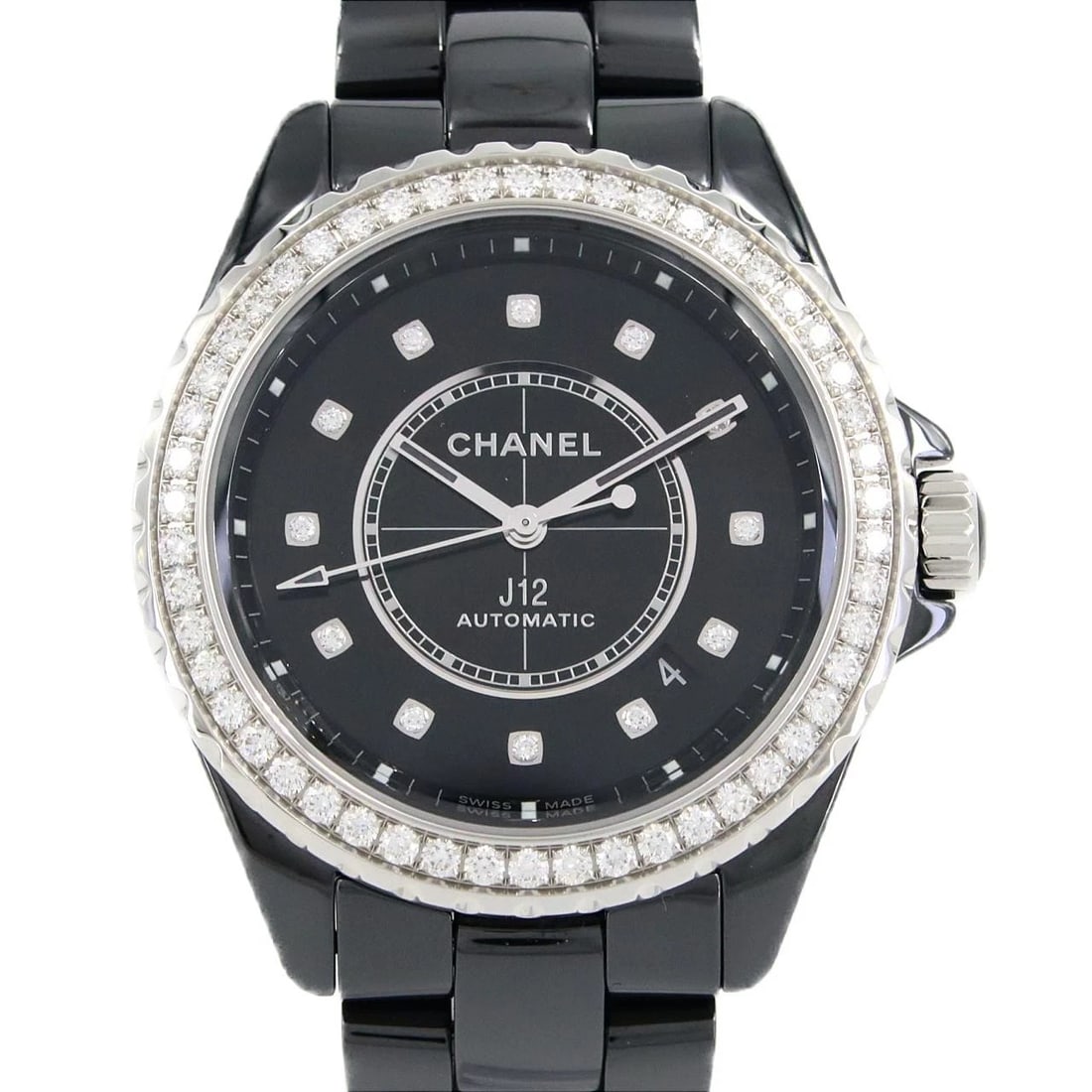 CHANEL J12 CALIBER CERAMIC AUTOMATIC WATCH: CHANEL J12 Caliber ceramic Automatic Brand: CHANEL Type: Wristwatch Material: Case: ceramic Bracelet: ceramic Color: Dial Colors: Black Diamond Size: Case diameter: 38mm Max Wrist size: 17.5cm Ac