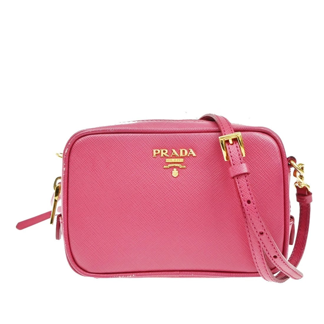 PRADA SAFFIANO MINI CROSSBODY SHOULDER BAG LEATHER PINK GOLD: PRADA Saffiano Mini Crossbody Shoulder Bag Leather Pink Gold Brand: PRADA Type: Shoulder Bag Material: Saffiano Leather Color: Pink Size: W 5.7 x H 3.9 x D 2.2 " (approx.) SHOULDER DROP ( inch /cm
