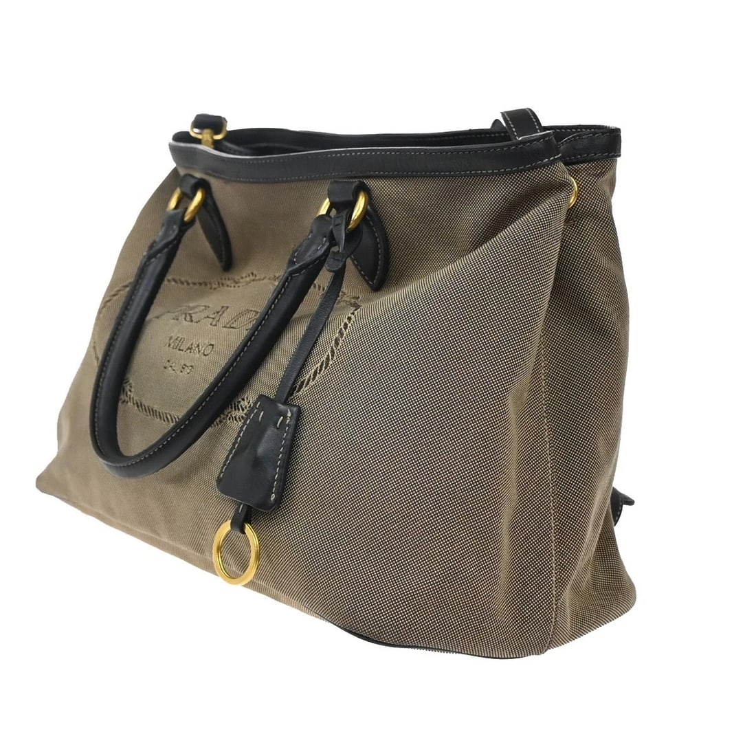 PRADA MILANO JACQUARD 2WAY SHOULDER HAND BAG CANVAS LEATHER BROWN BLACK: PRADA MILANO Jacquard 2Way Shoulder Hand Bag Canvas Leather Brown Black Brand: PRADA Type: Shoulder Bag Material: Canvas Leather Color: Brown Black Size: W 12.6 x H 8.7 x D 6.3 " (approx.) HANDLE