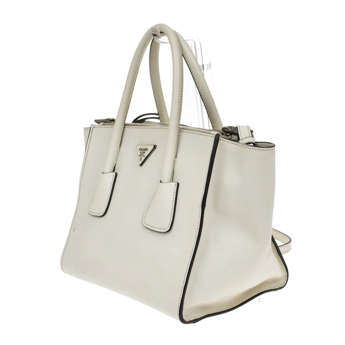 PRADA LOGO 2WAY SHOULDER HAND BAG GLACE CALF LEATHER WHITE: PRADA Logo 2Way Shoulder Hand Bag Glace Calf Leather White Brand: PRADA Type: Hand Bag Material: Saffiano Cuir Leather Color: White Talco Size: W 10.6 x H 8.7 x D 7.5 " (approx.) HANDLE DROP ( inc