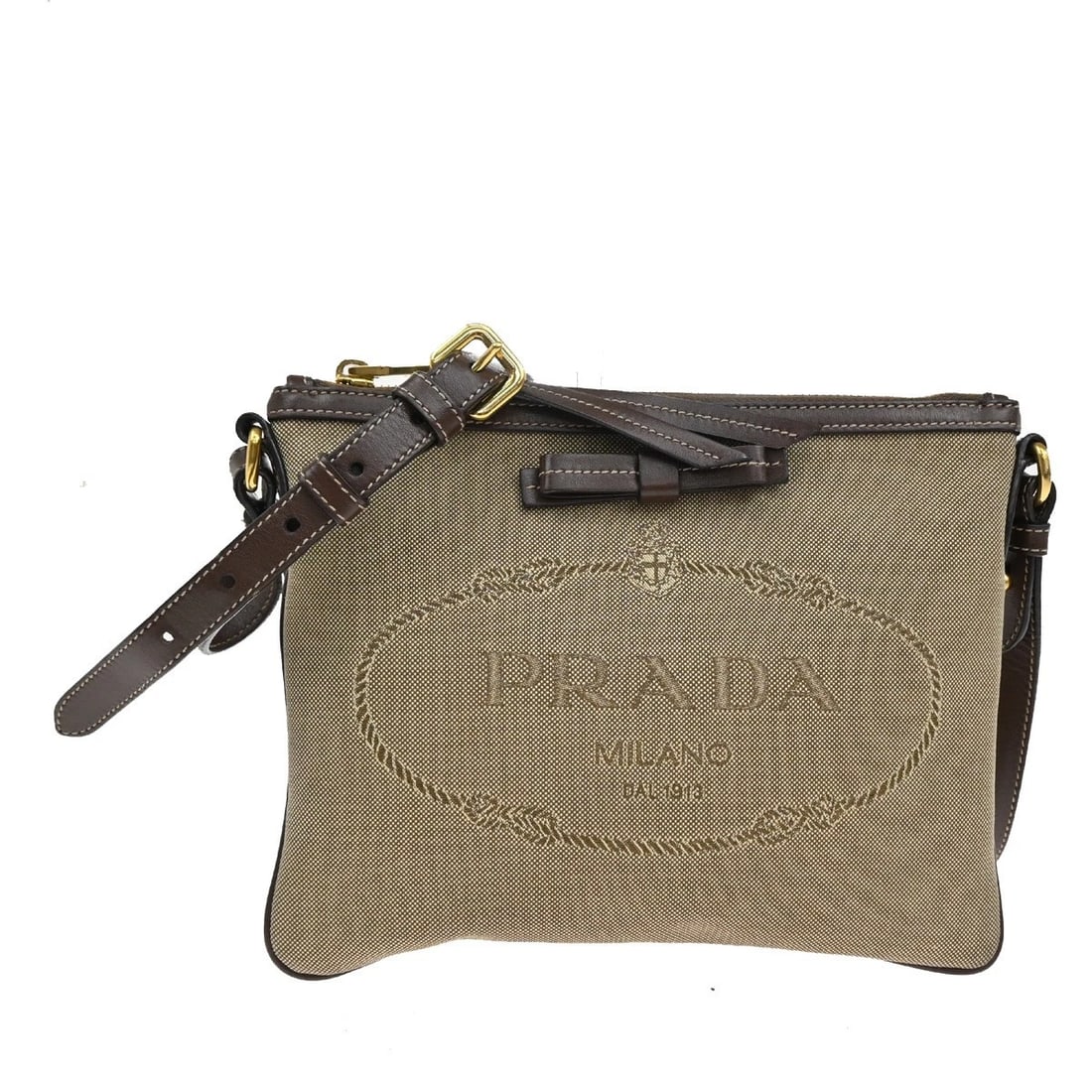 PRADA LOGO JACQUARD CROSSBODY SHOULDER BAG CANVAS LEATHER: PRADA Logo Jacquard Crossbody Shoulder Bag Canvas Leather Brand: PRADA Type: Shoulder Bag Material: Canvas, Leather Color: Brown Size: W 9.4 x H 7.3 x D 0.4 " (approx.) SHOULDER DROP ( inch /cm )
