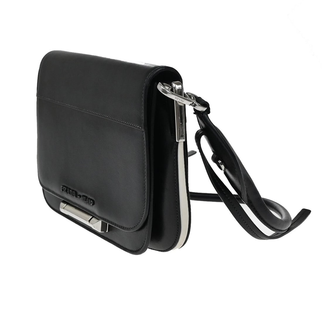 PRADA LOGO SHOULDER HAND BAG LEATHER BLACK: PRADA Logo Shoulder Hand Bag Leather Black Brand: PRADA Type: Shoulder Bag Material: Leather Color: Black Size: W 10.2 x H 6.7 x D 2 " (approx.) SHOULDER DROP ( inch /cm ) 9.4 - 0 "/ 24 - 0 cm(app