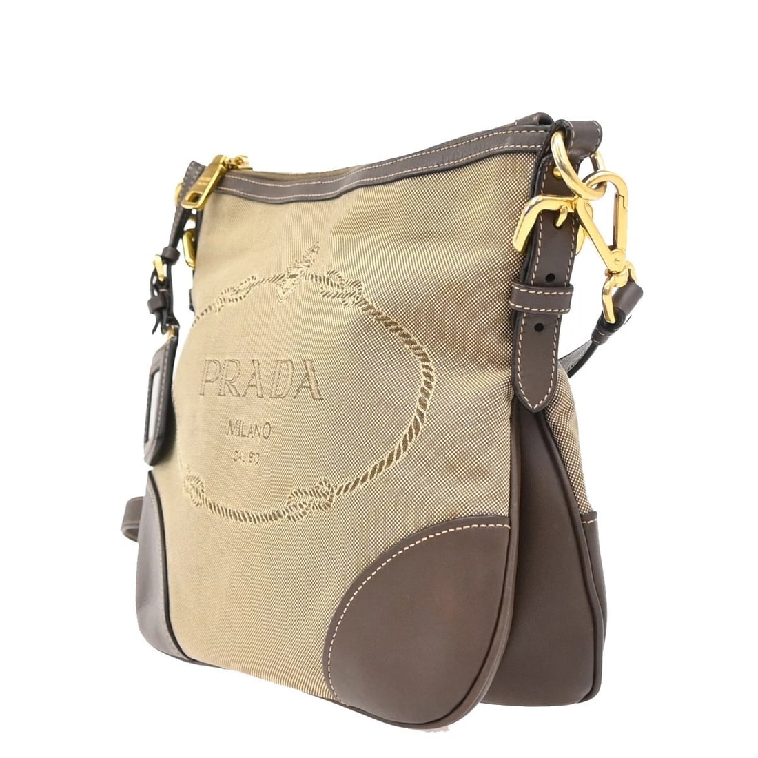 PRADA LOGO JACQUARD CROSSBODY SHOULDER BAG CANVAS: PRADA Logo Jacquard Crossbody Shoulder Bag Canvas Brand: PRADA Type: Shoulder Bag Material: Canvas, Leather Color: Brown Size: W 9.8 x H 8.7 x D 2.8 " (approx.) SHOULDER DROP ( inch /cm ) 23.6 - 2