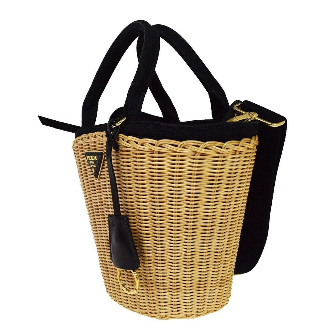 PRADA LOGO MIDOLLINO WICKER 2WAY SHOULDER HAND BAG CANVAS LEATHER BLACK: PRADA Logo Midollino Wicker 2Way Shoulder Hand Bag Canvas Leather Black Brand: PRADA Type: Shoulder Hand Bag Material: Canvas, Leather Color: Black Beige Size: W 11.8 x H 8.3 x D 4.7 " (approx.) H