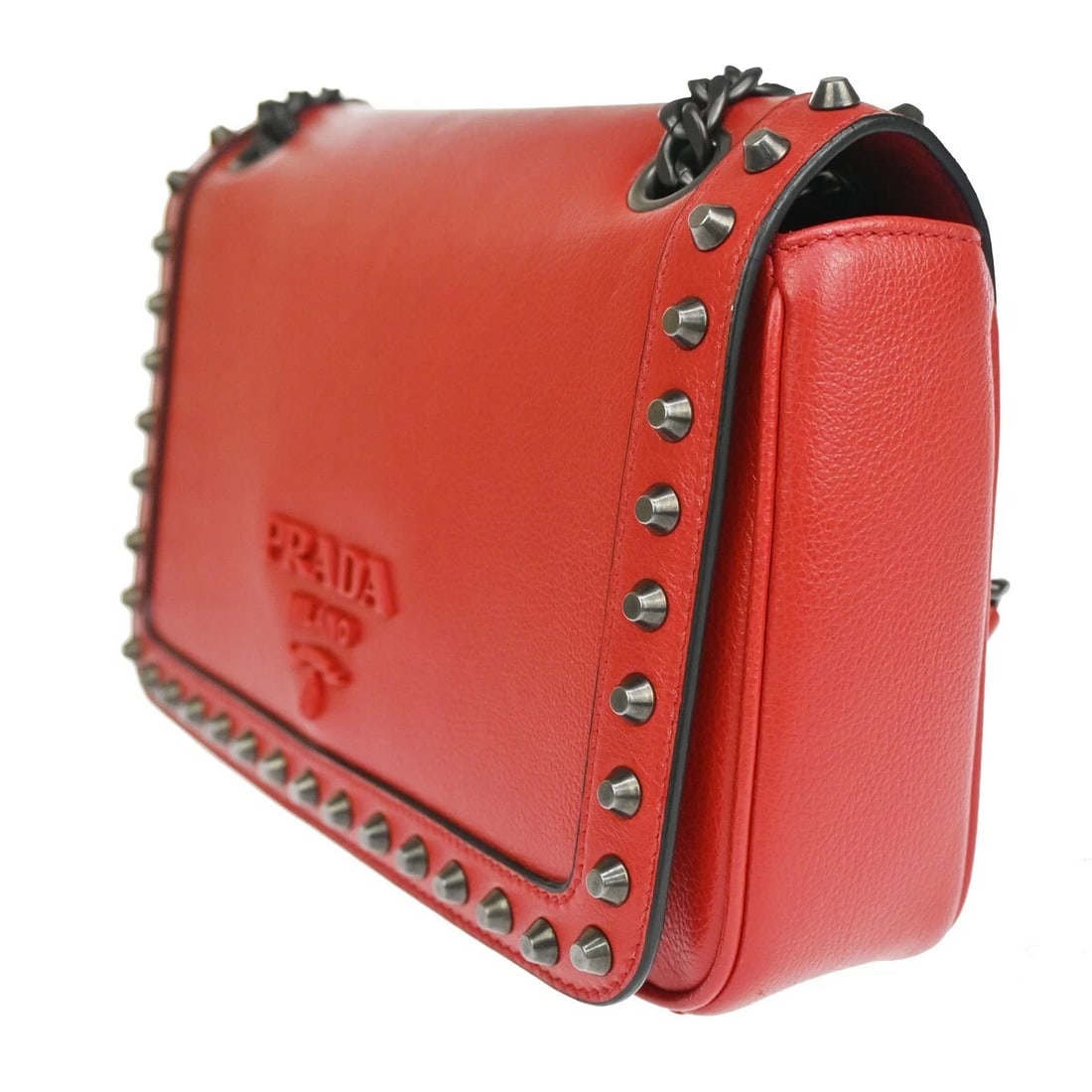 PRADA MILANO LOGO STUDS CHAIN MINI SHOULDER BAG: PRADA MILANO Logo Studs Chain Mini Shoulder Bag Brand: PRADA Type: Shoulder Bag Material: Leather Color: Fuoco Red Size: W 8.9 x H 5.7 x D 2 " (approx.) SHOULDER DROP ( inch /cm ) 11.4 - 21.3 "/ 2