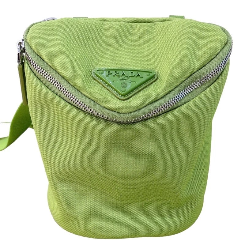PRADA SHOULDER BAG: PRADA Shoulder Bag Brand: PRADA Type: Shoulder Bag Material: canvas Color: Green Silver Hardware Size: W7.7 x H8.5x D4.9inch Shoulder:38.2inch Accessories: None Accessories Notice: When pu