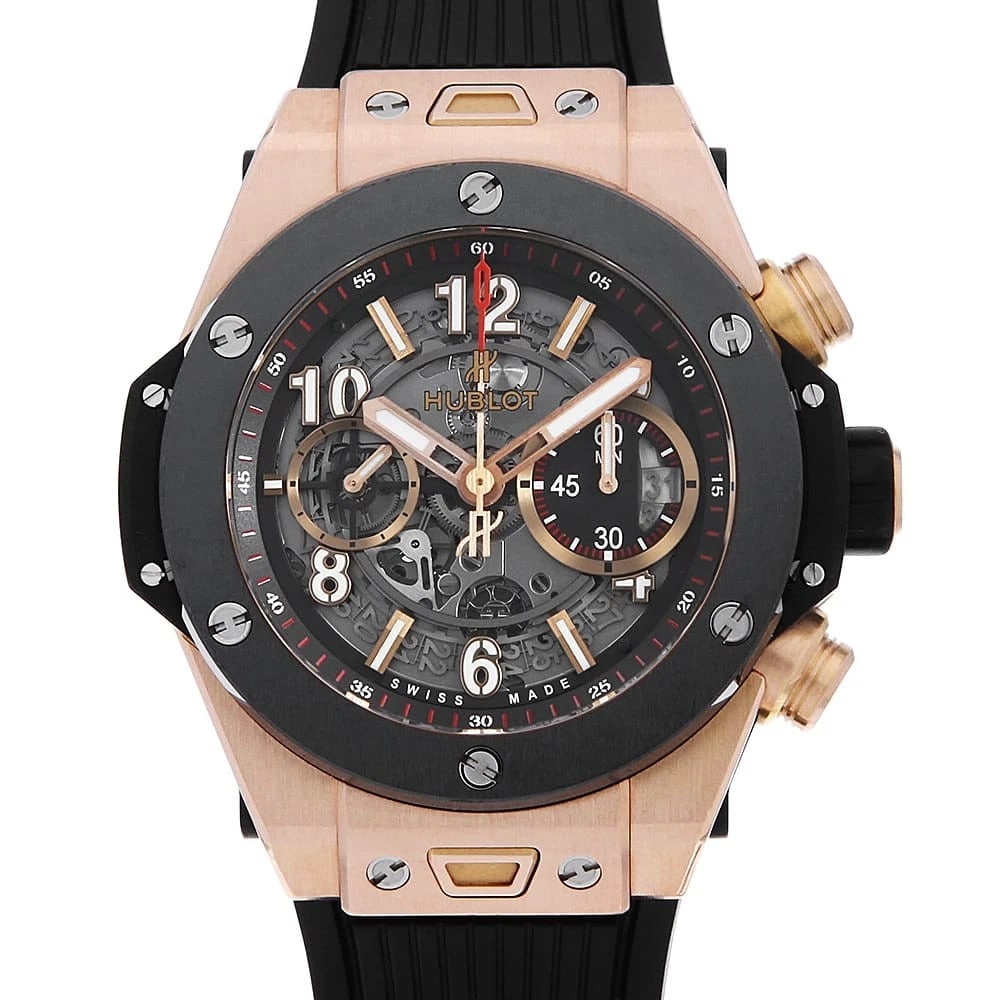 HUBLOT BIG BANG UNICO KING GOLD CERAMIC WATCH: HUBLOT Big Bang Unico King Gold Ceramic Watch Brand: HUBLOT Type: Wrist watch Material: Band Material rubber, Case Material King Gold Color: Skeleton Size: Band Size None, Case Size Case:W45mm Ac