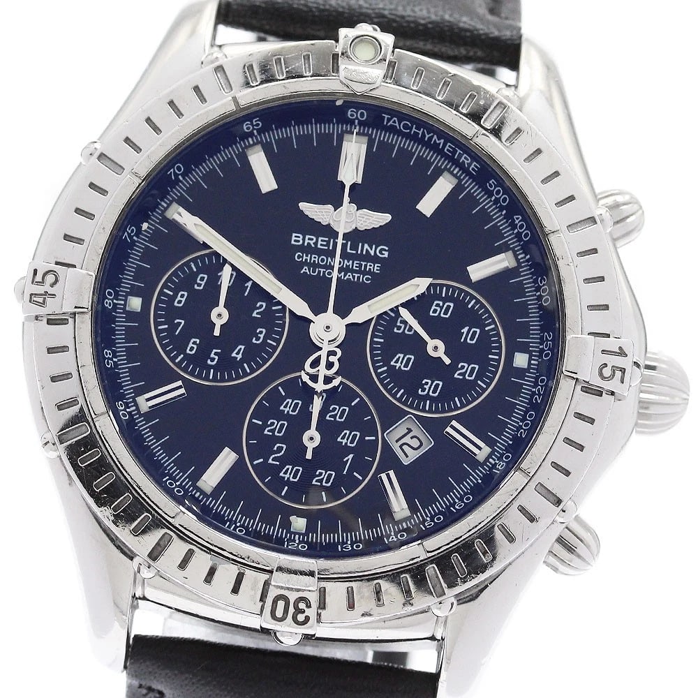 BREITLING CHRONOGRAPH AUTOMATIC WATCH: BREITLING Chronograph Automatic Watch Brand: BREITLING Type: Wristwatch Material: Band Material leather, Case Material Stainless Steel Color: Band Color black, Case Color Silver, Dial Color black