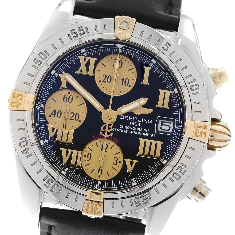 BREITLING CHRONO AUTOMATIC WATCH: BREITLING Chrono Automatic Watch Brand: BREITLING Type: Wristwatch Material: Band Material leather, Case Material Stainless Steel/YG Color: Band Color black, Case Color Silver / Gold, Dial Color Bl