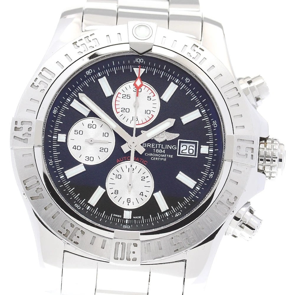 BREITLING SUPER CHRONOGRAPH BLACK DIAL WATCH: BREITLING Super Chronograph black Dial Watch Brand: BREITLING Type: Wristwatch Material: Band Material Stainless Steel, Case Material Stainless Steel Color: Band Color Silver, Case Color Silver, Di