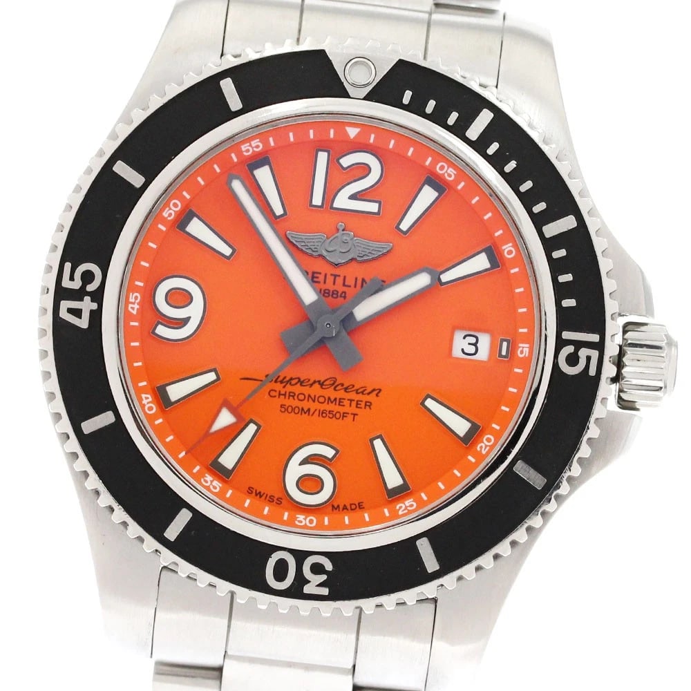 BREITLING SUPER OCEAN ORANGE DIAL AUTOMATIC WATCH: BREITLING Super Ocean Orange Dial Automatic Watch Brand: BREITLING Type: Wristwatch Material: Band Material Stainless Steel, Case Material Stainless Steel Color: Band Color Silver, Case Color Silve