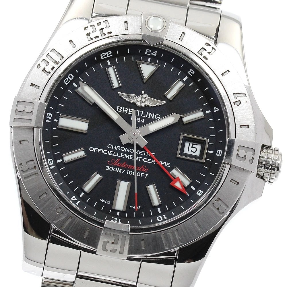 BREITLING AVENGER II GMT DATE BLACK DIAL AUTOMATIC WATCH: BREITLING Avenger II GMT Date black Dial Automatic Watch Brand: BREITLING Type: Wristwatch Material: Band Material Stainless Steel, Case Material Stainless Steel Color: Band Color Silver, Case Colo