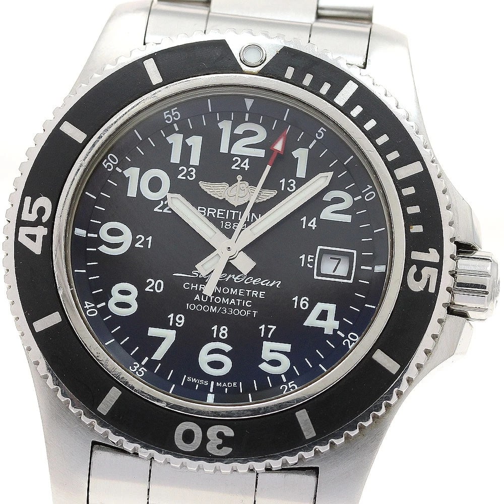 BREITLING SUPER OCEAN II DATE BLACK DIAL AUTOMATIC WATCH: BREITLING Super Ocean II Date black Dial Automatic Watch Brand: BREITLING Type: Wristwatch Material: Band Material Stainless Steel, Case Material Stainless Steel Color: Band Color Silver, Case Colo