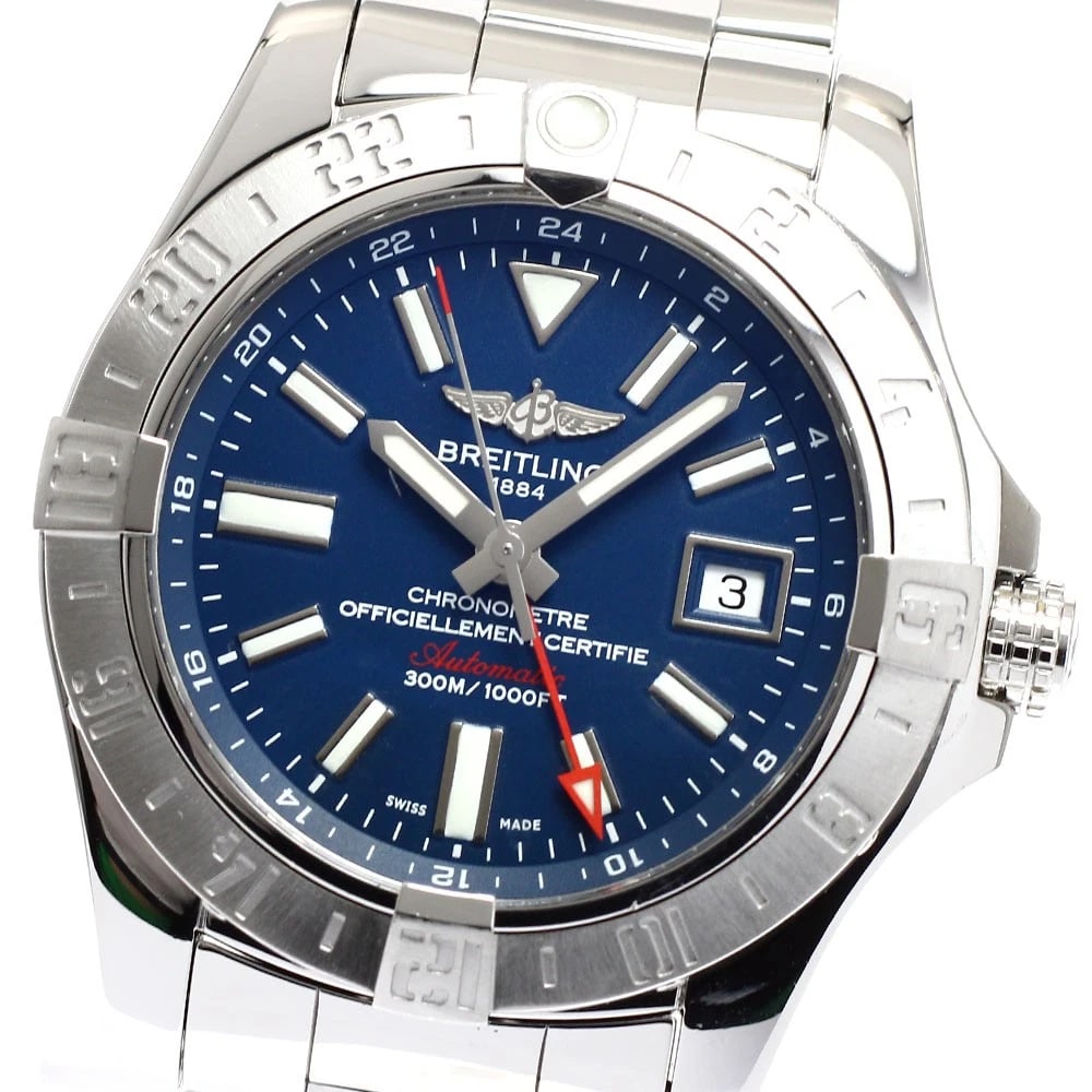 BREITLING AVENGER II GMT DATE NAVY DIAL AUTOMATIC WATCH: BREITLING Avenger II GMT Date Navy Dial Automatic Watch Brand: BREITLING Type: Wristwatch Material: Band Material Stainless Steel, Case Material Stainless Steel Color: Band Color Silver, Case Color