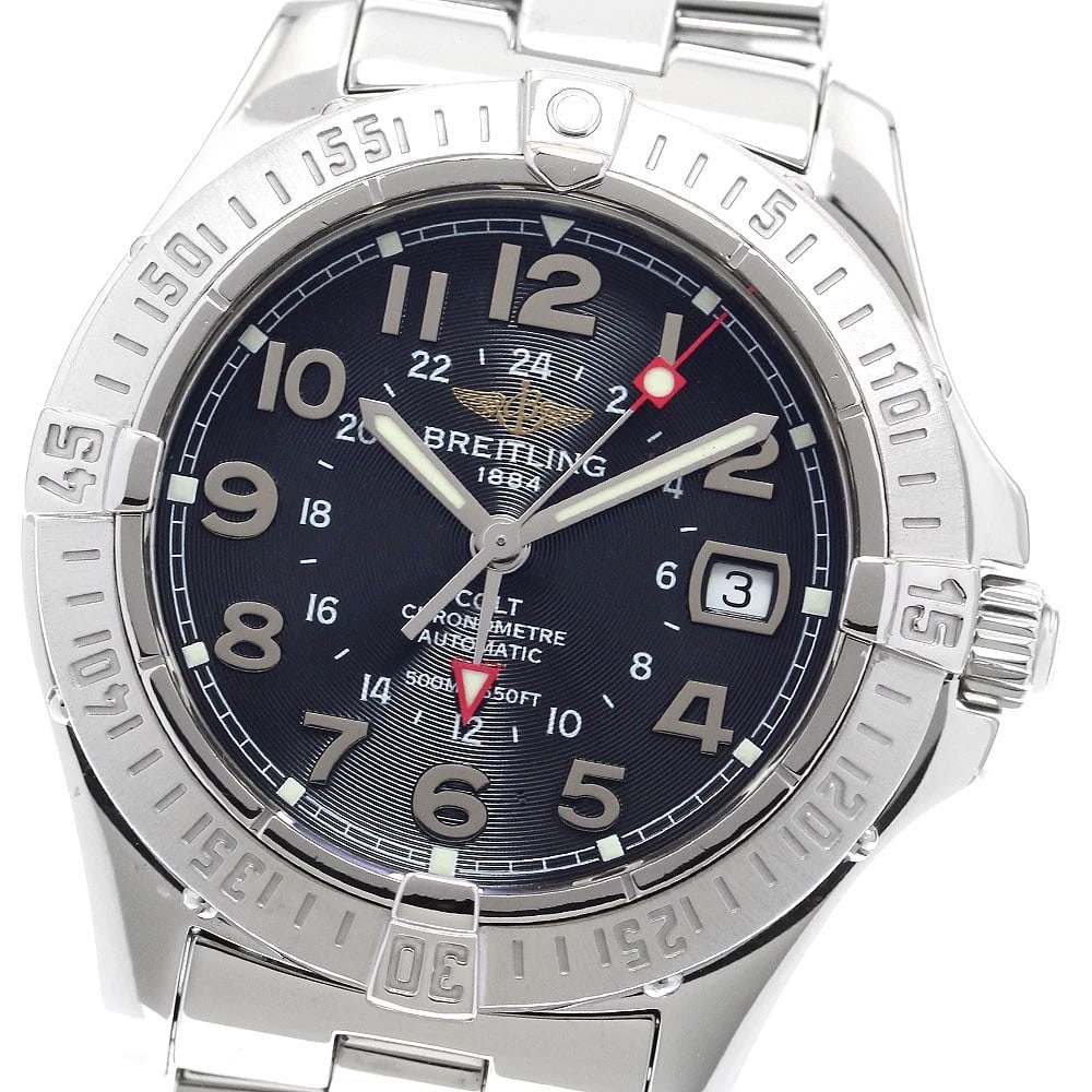 BREITLING COLT GMT BLACK DIAL AUTOMATIC WATCH: BREITLING Colt GMT black Dial Automatic Watch Brand: BREITLING Type: Wristwatch Material: Band Material Stainless Steel, Case Material Stainless Steel Color: Band Color Silver, Case Color Silver, D