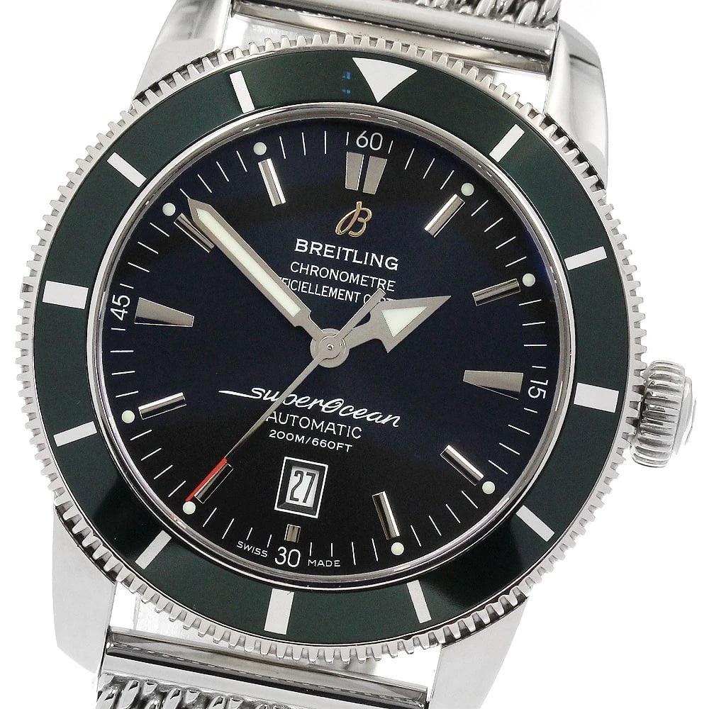 BREITLING SUPER OCEAN HERITAGE46 GREEN WATCH: BREITLING Super Ocean Heritage46 Green Watch Brand: BREITLING Type: Wristwatch Material: Band Material Stainless Steel, Case Material Stainless Steel Color: Band Color Silver, Case Color Silver, Di