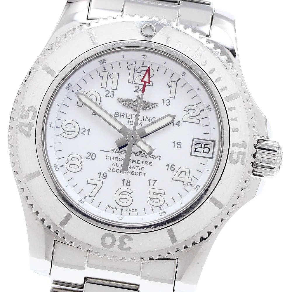 BREITLING SUPER OCEAN II DATE WHITE DIAL AUTOMATIC WATCH: BREITLING Super Ocean II Date white Dial Automatic Watch Brand: BREITLING Type: Wristwatch Material: Band Material Stainless Steel, Case Material Stainless Steel Color: Band Color Silver, Case Colo