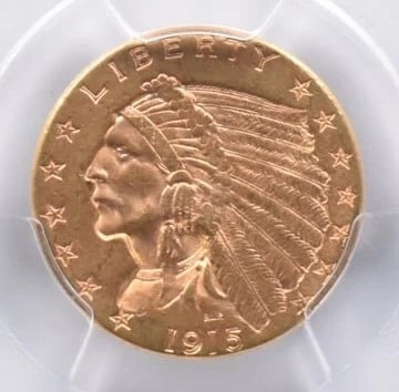MS61 1915 $2.50 INDIAN HEAD GOLD QUARTER EAGLE: MS61 1915 $2.50 Indian Head Gold Quarter Eagle Grade : MS61 Composition : Gold Denomination : none Year : 1915 Country of Origin : none Mint Location : none Brand/Mint : none Acc