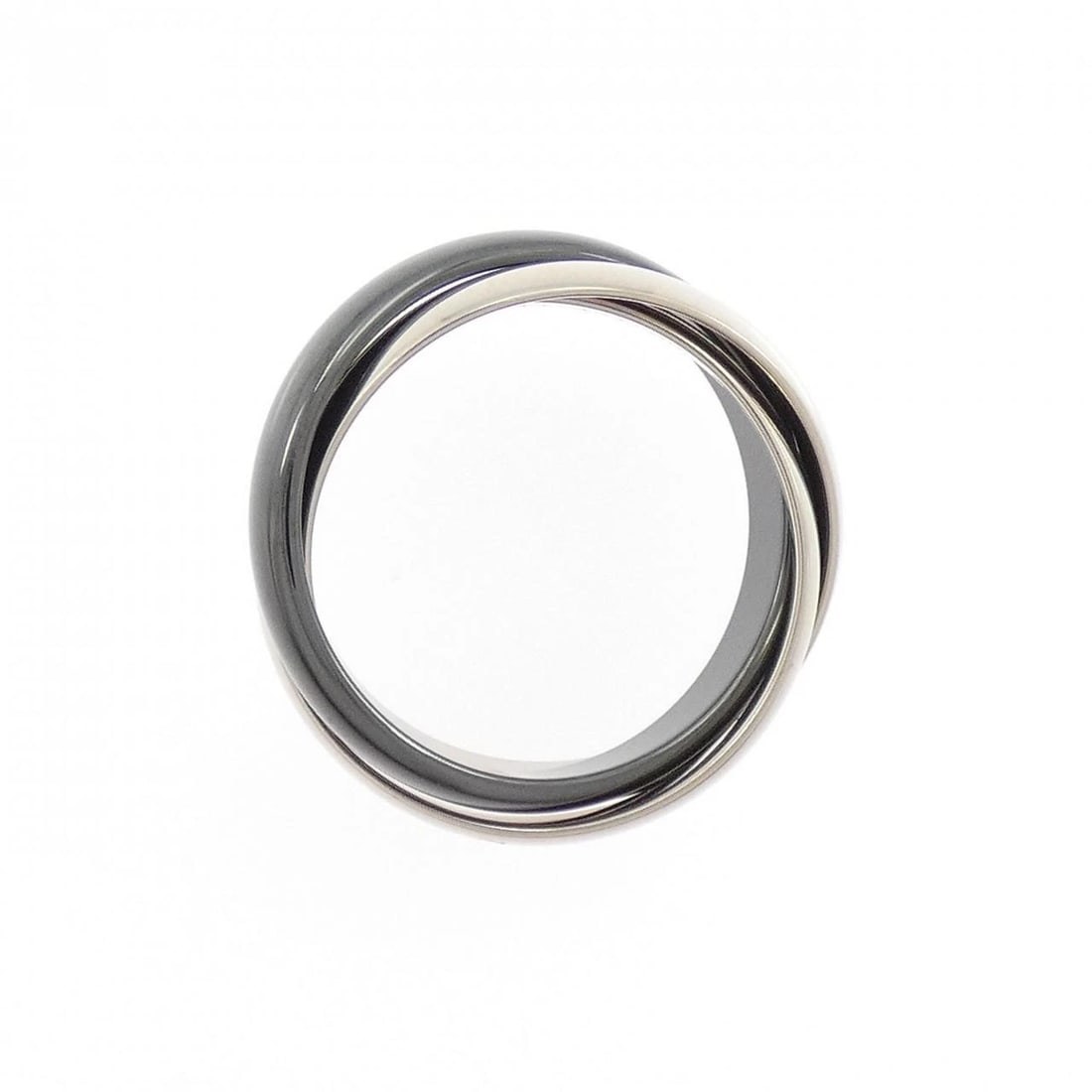CARTIER TRINITY BLACK & WHITE RING: Cartier Trinity Black & White Ring Brand: Cartier Type: Ring Material: 750 White Gold ceramic, Color: White Gold ceramic Size: 7-7.5 (US size) Accessories: None Accessories Notice: When pu