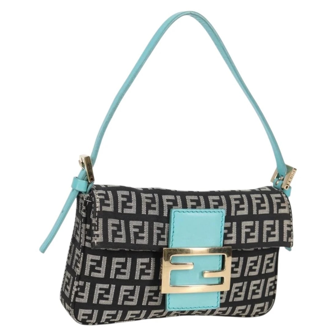 FENDI ZUCCHINO CANVAS MAMMA BAGUETTE SHOULDER BAG: FENDI Zucchino Canvas Mamma Baguette Shoulder Bag Brand: FENDI Type: Shoulder Bag Material: Zucchino Canvas Color: Black / Gold Size: W7.1 x H4.3 x D1.2inch(Approx) Shoulder Drop:5.1 - 5.9inch(App