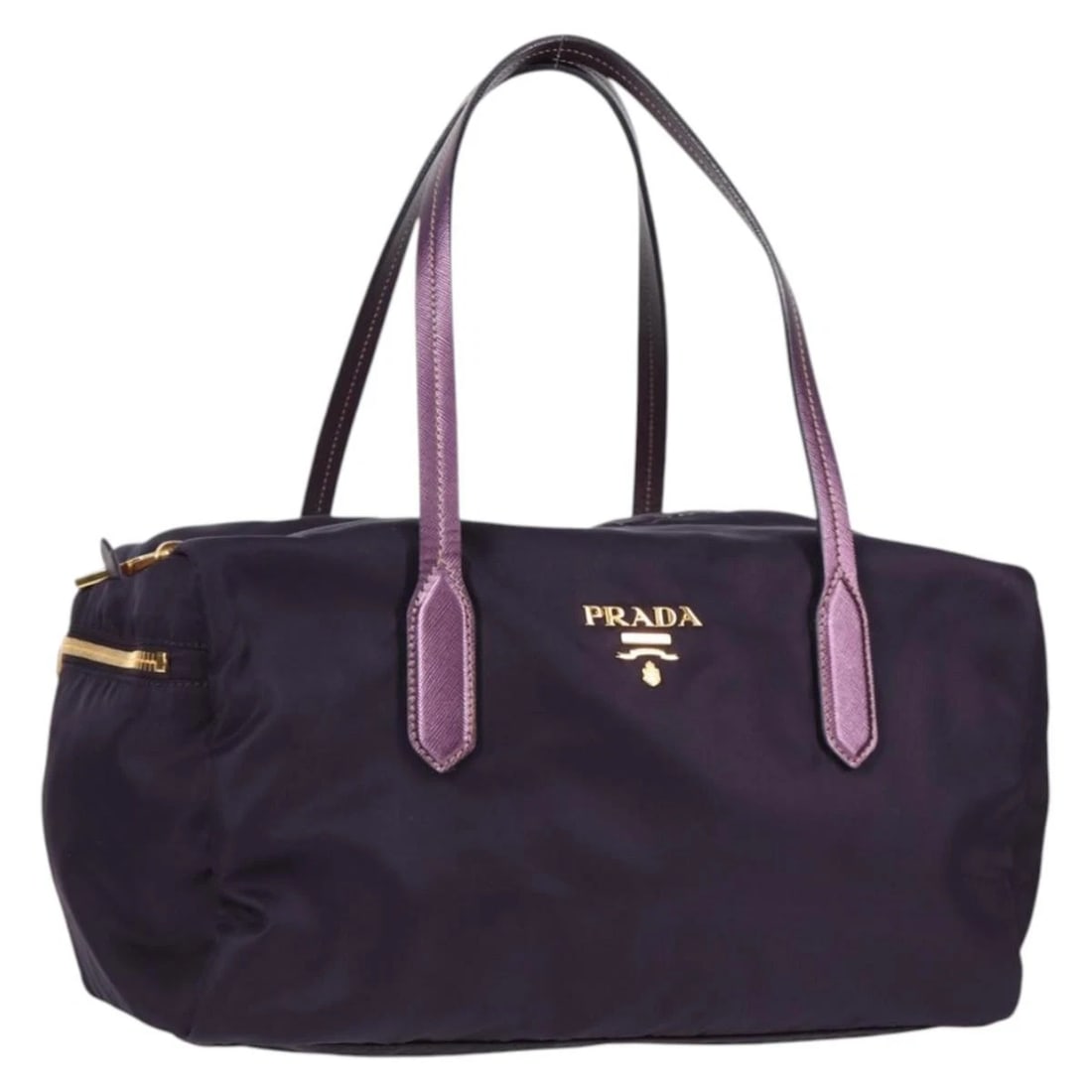 PRADA SHOULDER BAG NYLON PURPLE GOLD: PRADA Shoulder Bag Nylon Purple Gold Brand: PRADA Type: Shoulder Bag Material: Nylon Color: Purple / Gold Size: W12.2 x H5.9 x D5.9inch(Approx) Shoulder Drop:8.3inch(Approx) Accessories: None