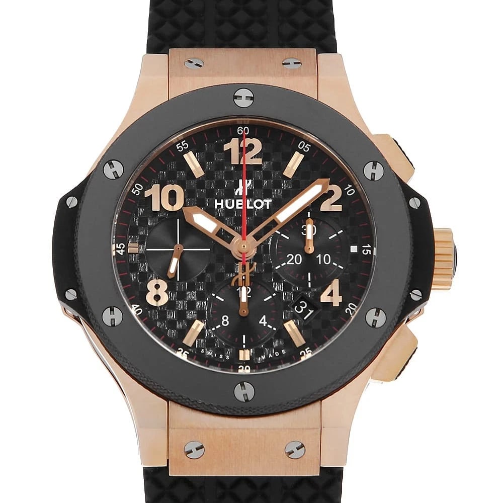 HUBLOT BIG BANG GOLD CERAMIC WATCH: HUBLOT big bang gold ceramic Watch Brand: HUBLOT Type: Wrist watch Material: Band Material rubber, Case Material Red Gold Color: Black Size: Band Size NONE, Case Size Case:W44mm Accessories: None