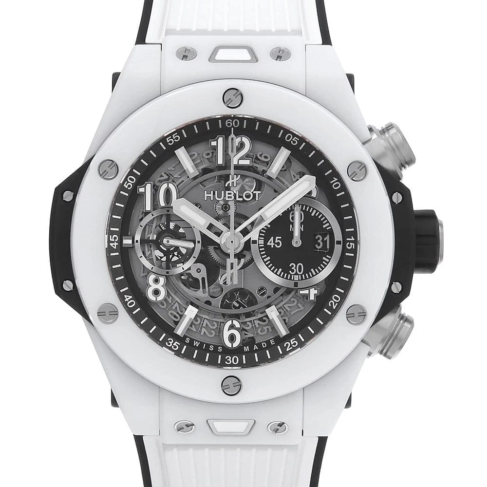HUBLOT BIG BANG UNICO WHITE CERAMIC WATCH: HUBLOT Big Bang Unico White Ceramic Watch Brand: HUBLOT Type: Wrist watch Material: Band Material rubber, Case Material Ceramic Color: Skeleton Size: Band Size NONE, Case Size Case:W44mm Accessor