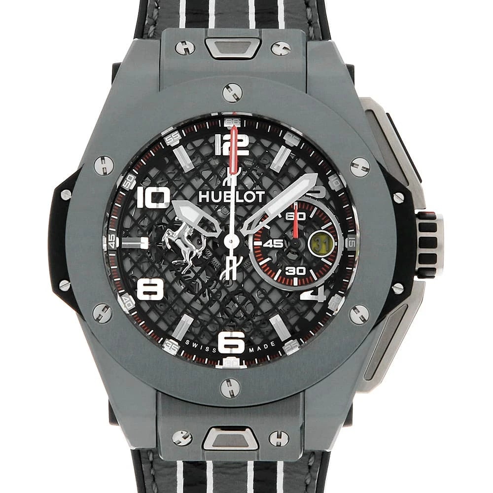 HUBLOT BIG BANG FERRARI SPARE CERAMIC GREY CERAMICWATCH: HUBLOT Big Bang Ferrari Spare Ceramic Grey CeramicWatch Brand: HUBLOT Type: Wrist watch Material: Band Material Calfskin, Case Material Ceramic Color: Black Size: Band Size None, Case Size Case:W4