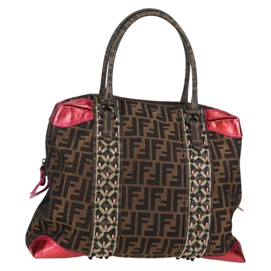 FENDI ZUCCA CANVAS TOTE BAG BLACK BROWN: FENDI Zucca Canvas Tote Bag Black Brown Brand: FENDI Type: Tote Bag Material: Zucca Canvas Color: Black / Brown Size: W15.4 x H11.0 x D5.1inch(Approx) Handle Drop:7.1inch(Approx) Accessories: Non
