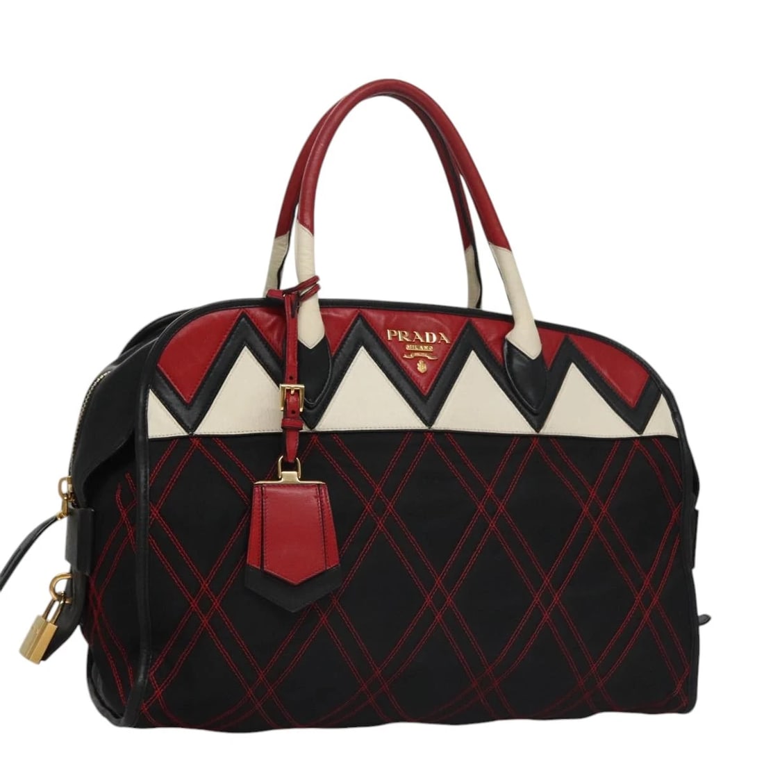 PRADA HAND BAG NYLON BLACK RED WHITE: PRADA Hand Bag Nylon Black Red white Brand: PRADA Type: Hand Bag Material: Nylon Color: Black / Red / white Size: W14.6 x H11.0 x D7.9inch(Approx) Accessories: None Accessories Notice: Whe