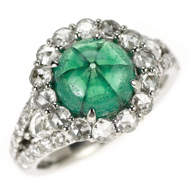PT900 TRAPICHE EMERALD ROSE CUT/ROUND BRILLIANT CUT DIAMOND RING: Pt900 Trapiche Emerald Rose Cut/Round Brilliant Cut Diamond Ring Brand: None Type: rings Material: Pt900 Main Stone emeralds Color: None Size: 6.25 - 6.5 US Accessories: None Accessories