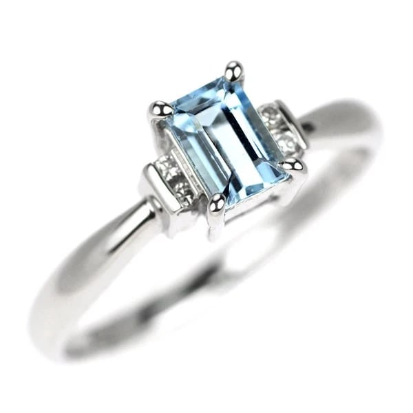 PT900 AQUAMARINE DIAMOND RING: Pt900 aquamarine diamond ring Brand: None Type: rings Material: Platinum Main Stone Aquamarine Color: Platinum Size: 7.5 US Accessories: None Accessories Notice: When purchasing pre-owned
