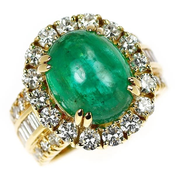 K18YG CABOCHON CUT EMERALD DIAMOND RING: K18YG Cabochon Cut Emerald Diamond Ring Brand: None Type: rings Material: Gold Main Stone emeralds Color: None Size: 6.25 - 6.5 US Accessories: None Accessories Notice: When purchasing