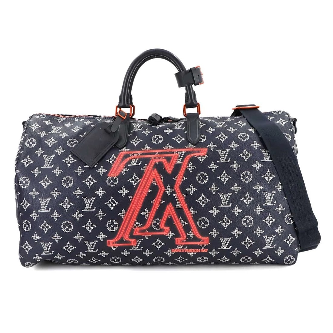 LOUIS VUITTON MONOGRAM INK UPSIDE DOWN KEEPALL: LOUIS VUITTON Monogram Ink Upside down Keepall Brand: LOUIS VUITTON Type: Boston Bag Material: Monogram Ink Canvas Color: Navy , Pink Size: W 19.69 inch, H 11.42 inch, D 8.86 inch Shoulder