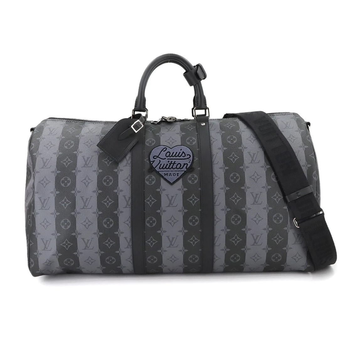 LOUIS VUITTON MONOGRAM STRIPE KEEPALL BANDOULIERE: LOUIS VUITTON Monogram Stripe Keepall Bandouliere Brand: LOUIS VUITTON Type: Luggage / Shoulder Bag Material: Monogram Strape Eclipse Canvas Color: Monogram Strape Eclipse Size: W 22.05 inch, H 12