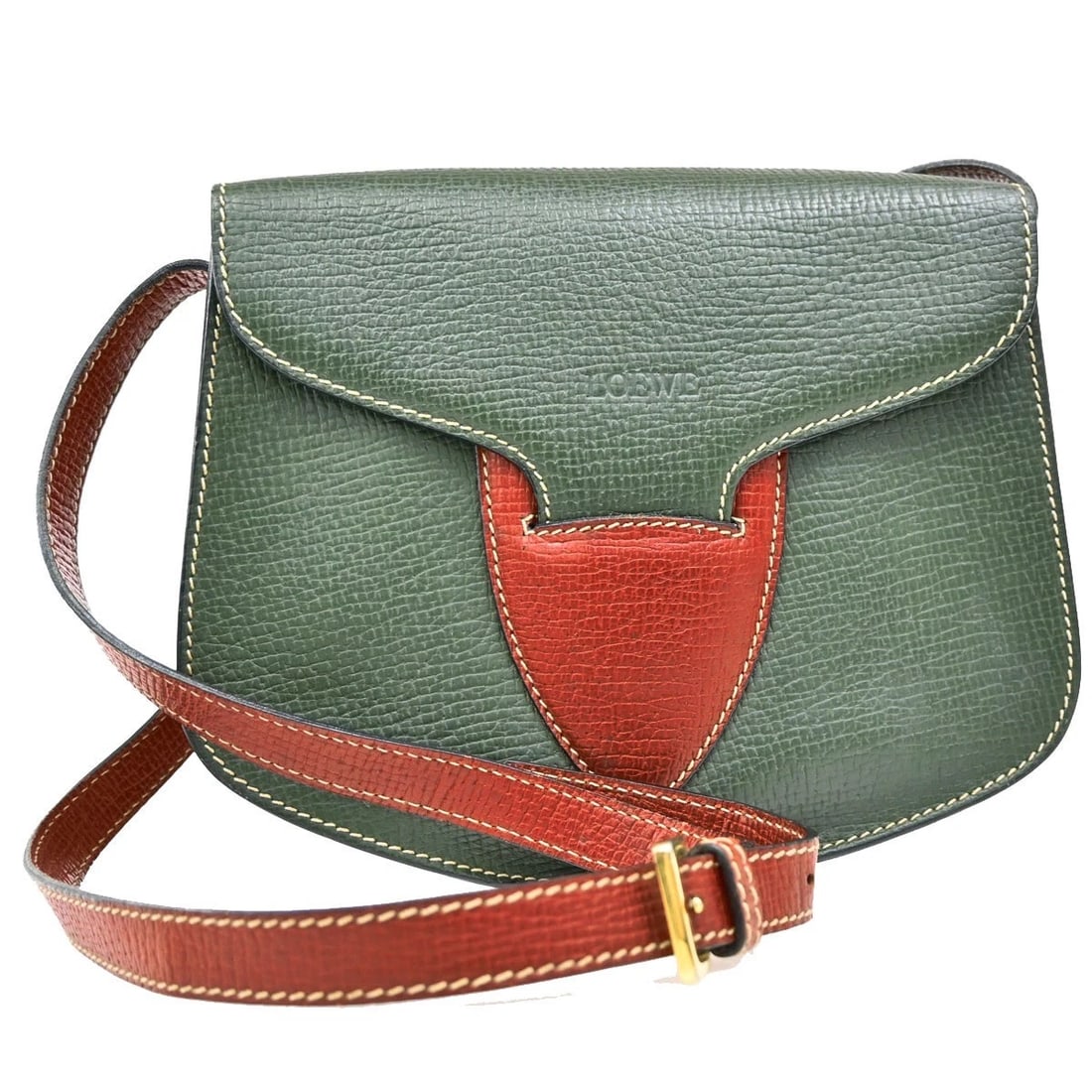 LOEWE LOGO SHOULDER BAG EMBOSSING LEATHER GREEN/BROWN: LOEWE Logo Shoulder Bag Embossing Leather Green/Brown Brand: LOEWE Type: Shoulder Bag Material: Leather Color: Green Size: W 9.4 x H 7.1 x D 3.1 " (approx.) SHOULDER DROP ( inch /cm ) 15.7 - 19.7