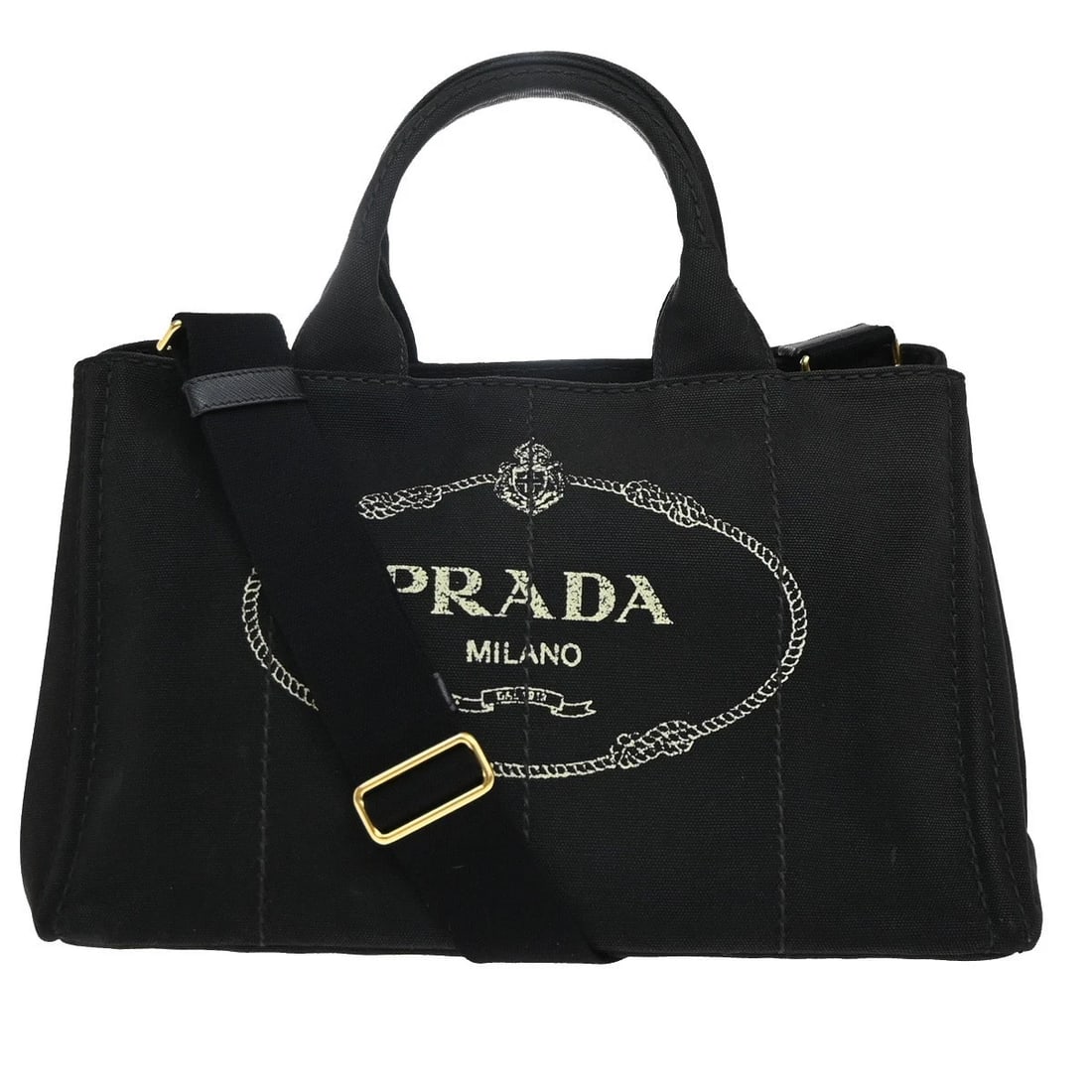 PRADA LOGO CANAPA 2WAY SHOULDER HAND BAG CANVAS LEATHER BLACK (1 of 11)