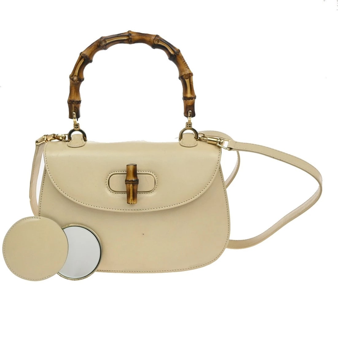 GUCCI BAMBOO HANDLE 2WAY SHOULDER HAND BAG LEATHER BEIGE (1 of 10)