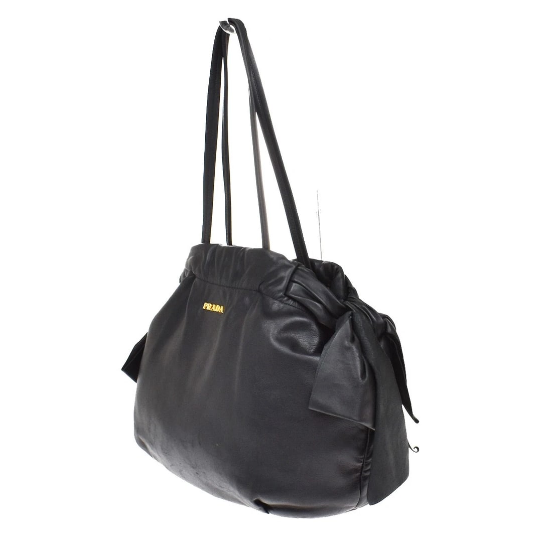 PRADA LOGO BOW SHOULDER HAND TOTE BAG NAPPA LEATHER BLACK (1 of 9)