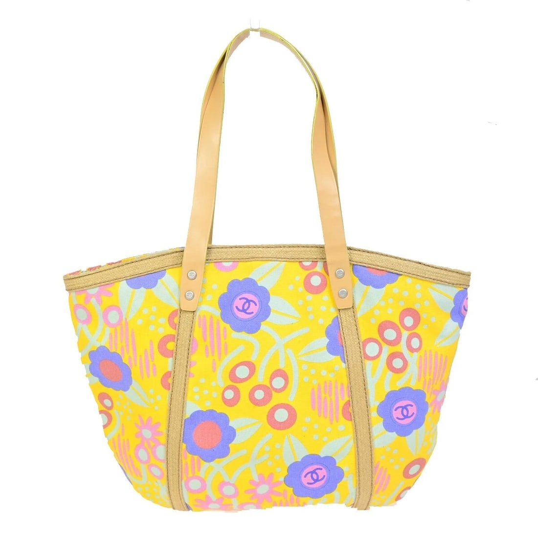 CHANEL CC HIGH SUMMER TOTE BAG SHOULDER CANVAS LEATHER: CHANEL CC High Summer Tote Bag Shoulder Canvas Leather Brand: CHANEL Type: Shoulder Bag Material: Canvas, Leather Color: Yellow Size: W 16.1x H 11.8 x D 3.5" (approx.) HANDLE DROP ( inch /cm ) 7.9