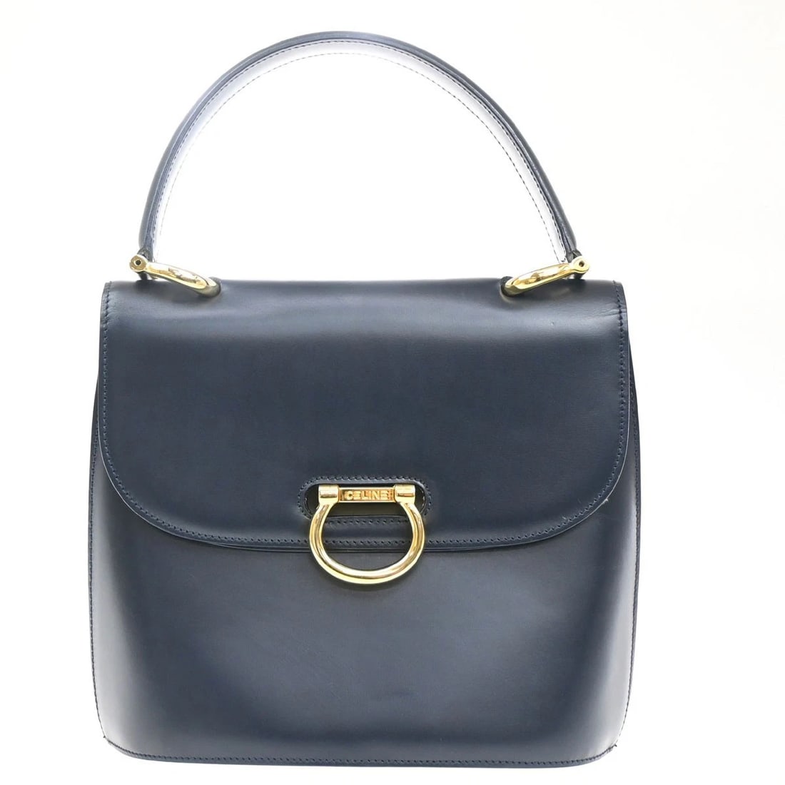 CELINE RING LOGO TOP HANDLE DOUBLE FLAP BAG LEATHER NAVY BULE (1 of 8)