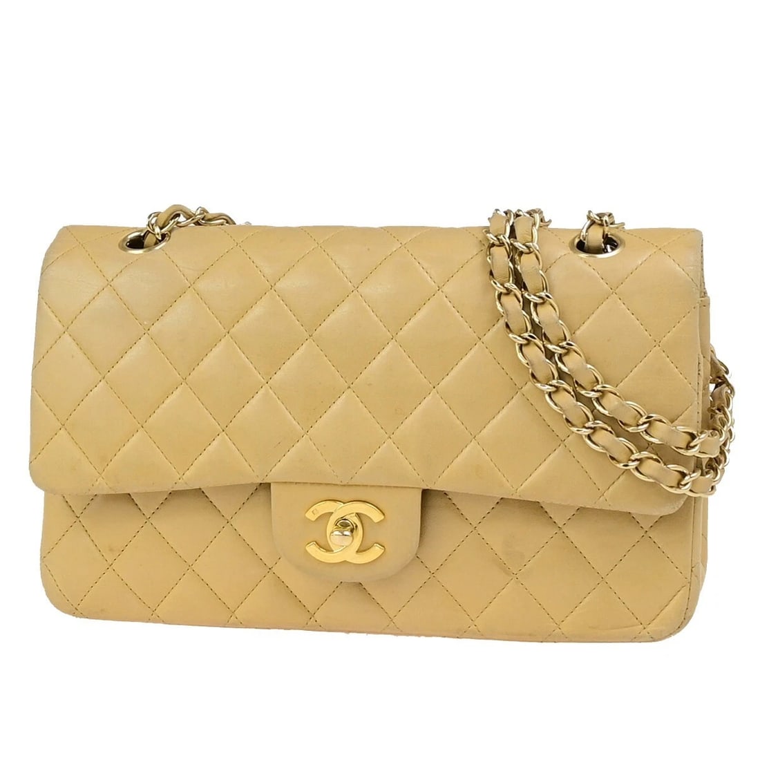 CHANEL CC MATELASSE 25 DOUBLE FLAP CHAIN SHOULDER BAG LEATHER BEIGE (1 of 11)