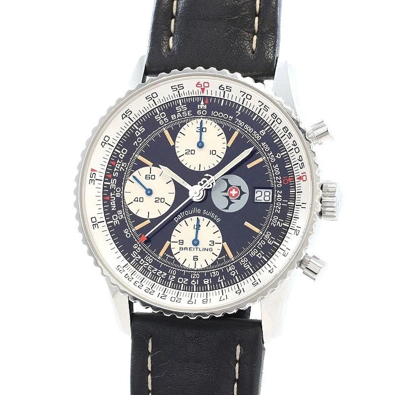 BREITLING OLD NAVITIMER PATROUILLE SUISSE WATCH: Breitling Old Navitimer Patrouille Suisse Watch Brand: BREITLING Type: Wrist watch Material: Band Material Calfskin/SS buckle, Case Material Stainless Steel Color: Dial Color Black Size: Case size