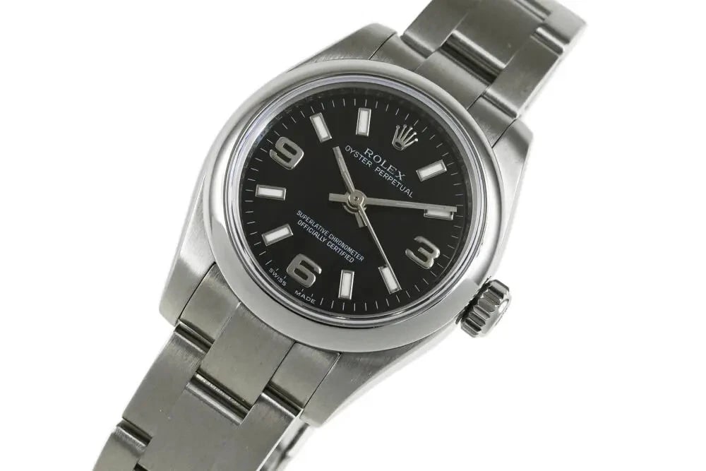 ROLEX OYSTER PERPETUAL WATCH: ROLEX Oyster Perpetual Watch Brand: ROLEX Type: Wrist watch Material: Band Material None, Case Material SS Color: Dial Color Black 369 Size: Case size Case Size 26mm Case Thickness 10mm [ Arm