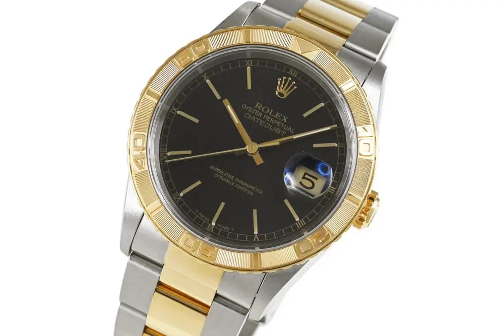 ROLEX DATEJUST THUNDERBIRD WATCH: ROLEX Datejust Thunderbird Watch Brand: ROLEX Type: Wrist watch Material: Band Material None, Case Material SS/YG Color: Dial Color Black Size: Case size Case Thickness 12mm [ Case size ] 37mm