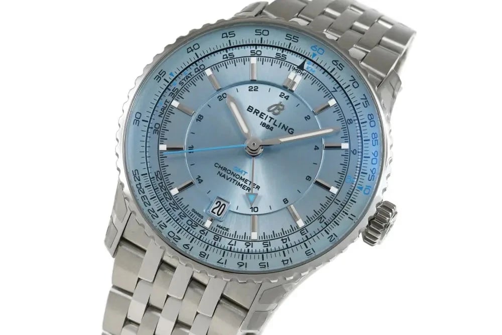 BREITLING NAVITIMER WATCH: BREITLING Navitimer Watch Brand: BREITLING Type: Wrist watch Material: Band Material None, Case Material SS Color: Dial Color Ice Blue Size: Case size Case Thickness 11.5mm [ Case size ] 41mm